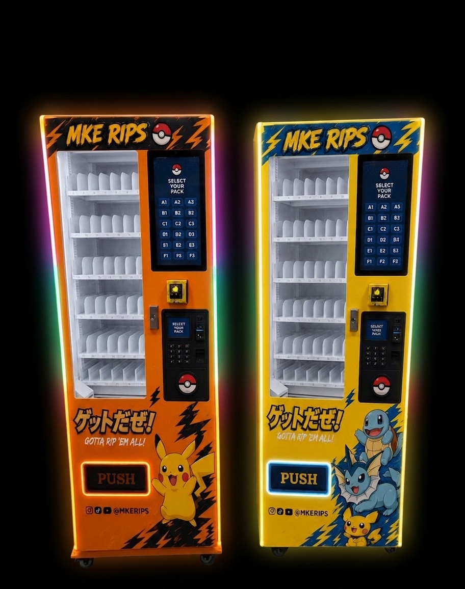 MKE RIPS branded vending machines — orange and blue editions with LED perimeter lighting